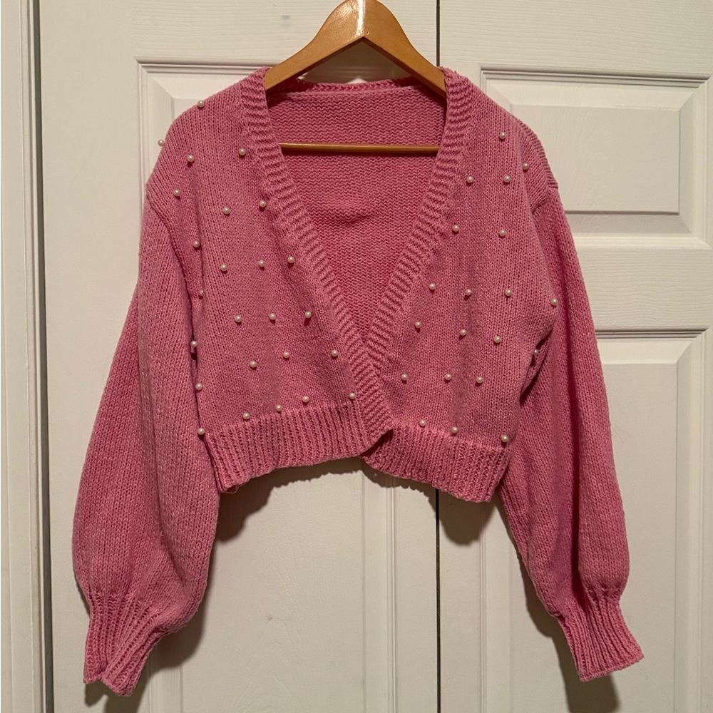 SHEIN Pink‎ Pearl-Studded Cardigan